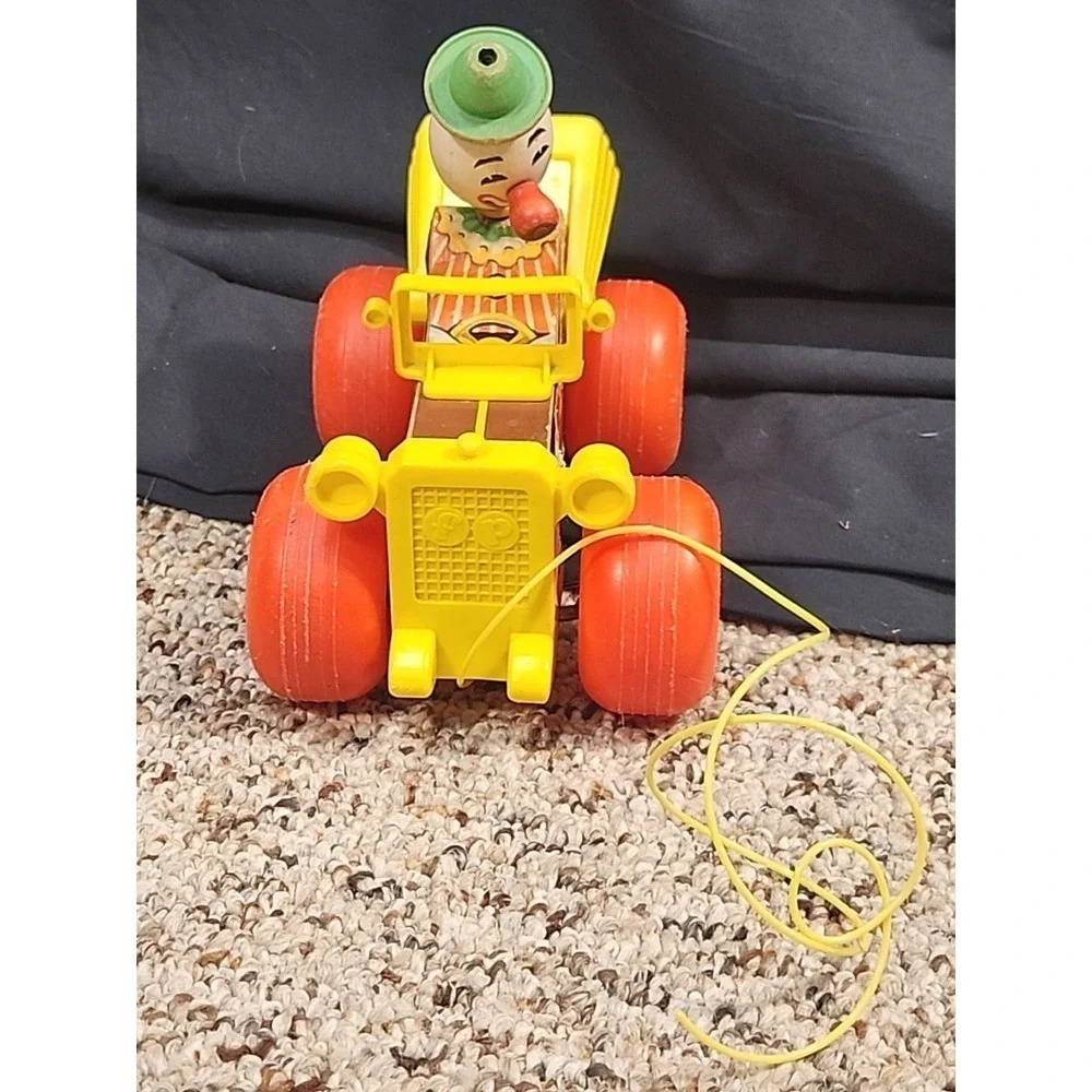 Vintage 1965 Fisher Price Jolly Jalopy Clown Drive Wooden Pull Toy #724